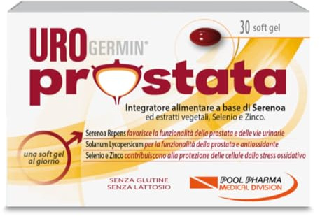 Urogermin Prostata, 30 Capsule Molli - Integratore prostata con Serenoa repens 320 mg/dose (saw palmetto), Licopene, Selenio, Zinco e Fitosteroli da Avocado e Soia, benessere vie urinarie uomo