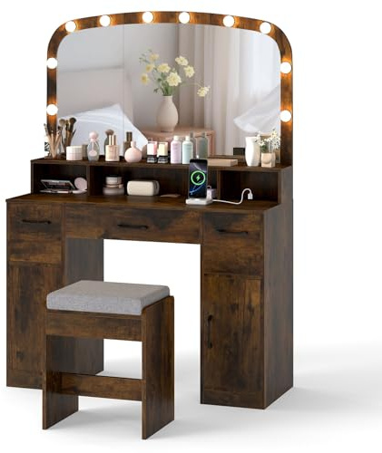 COSTWAY Sminkbord med Sminkpall, LED-Spegel med 3 Ljusfärger, Laddningsstation, 3 Lådor och 2 Skåp, Modernt Sminkbord för Smink och Förvaring, Brun, 108 x 40 x 149 cm