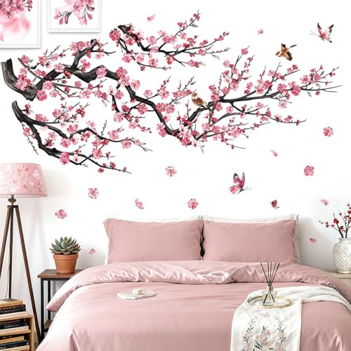 decalmile Pegatinas de Pared Árbol de Flores Rosa Vinilos Decorativos Flores de Cerezo Pájaros en Rama Árbol Adhesivos Pared Dormitorio Habitación Salón Oficina