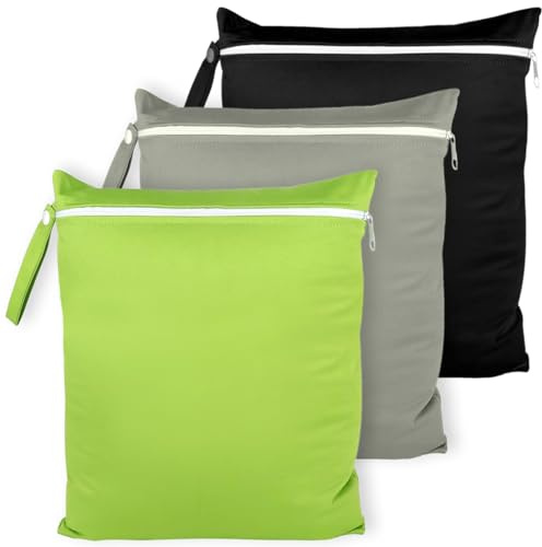 ZUPAPJO 3 Piezas 40x30 cm Wetbag, Bolsa Ropa Mojada Reutilizable con Cremallera, Bolsa Pañales Impermeable para Trajes de Baño, Ropa Sucia, Toallas de Playa y Pañales, Negro, Gris, Verde