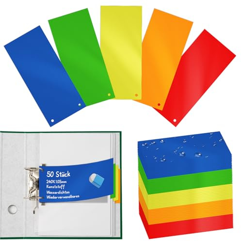 Skiljeremsor för mappar A4 färgglada skiljeblad mapp plast 24 x 10,5 cm plastskiljeremsor med universell perforering återanvändbara 5 färger för sortering och separation för skola kontor 50 stycken