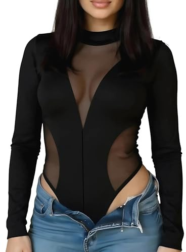 AMABILEMIA Body donna sexy a maniche lunghe nero trasparente con collo alto bodysuit elegante scollato da sera discoteca aderente AM228 (Nero, XL)