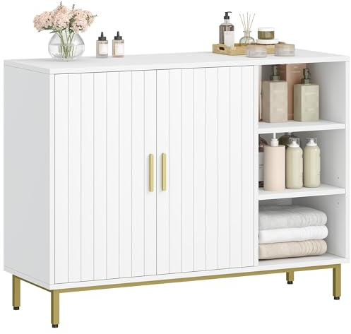 Fobyfurny Meuble de Salle de Bain, 100 x 35 x 75 cm, Blanc et Doré