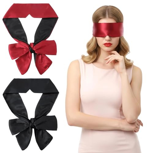 MYZWEL 2 Pezzi Mascherina per Dormire in Seta, Benda Occhi Oscurante per Notte e Viaggi, Maschera Occhi Morbida e Regolabile, Set di 2 Bende per Occhio per Donna e Uomo (Nero e Rosso Vino)