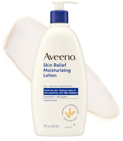 Aveeno Skin Relief Moisturizing Lotion Heals Very Dry, Sensitive Skin, Fast-Absorbing Body Lotion with Soothing Triple Oat & Shea Butter Formula, Fragrance Free, Non-Comedogenic, 18 fl. oz