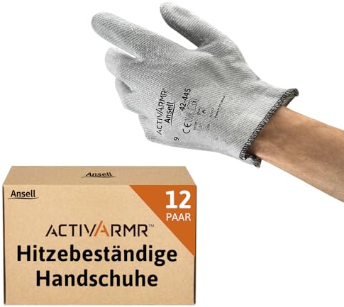 Ansell ActivArmr 42-445 Guantes Resistentes al Calor, Protección Alta Temperatura, Guante Seguridad Usos Industriales, Mecánicos y Químicos, Diseño Robusto, Guantes Nitrilo, Gris, Talla XL (12 Pares)