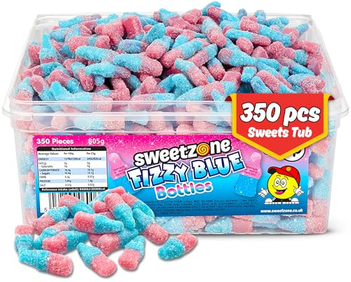 Sweetzone Fizzy Pink Blue Bottles 805g 350pcs | Fizzy bubblegum pink and blue bottle gummies, Halal bulk tub, retro party sweets, pick and mix, soft chewy candy for all