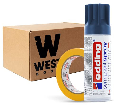 W West Boxx Premium Acryllack Spray 200 ml in Elegant Nachtblau Blau Matt im Set mit Kreppband Gold 25mm x 50m Typ 521, für exakte Farbkanten