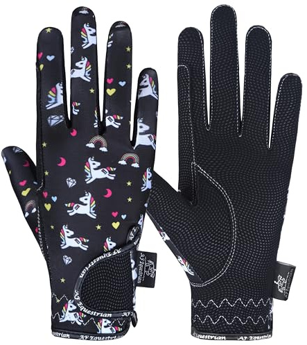 AF EQUESTRIAN AFE Kids Gloves For Girls Boys Unisex Horse Riding Gloves Outdoor Gloves Sports Gloves Cycling Gloves For Children Unicorn Design (Small), Black