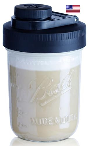 Brewing America Creamer Jar with Pouring Lid, 1 Pint (16 oz) Mason Jar with Black Wide Mouth Pour Lid, for Milk, Sugar, and Cream, 1-Pack (Black)