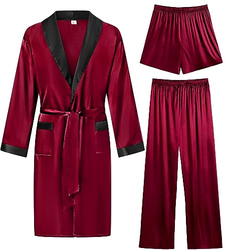 SWOMOG Men's 3 Pcs Robe Silk Satin Kimono Bathrobe with Shorts&Pants Set Lightweight Soft Sleepwear