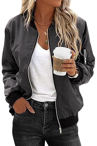 Zeagoo Veste Bomber Femme Courte à Manches Longues Veste de Transition Veste Aviateur Légère Respirante Veste Motard avec 2 Poches Fermeture Éclair Blouson Gris Foncé Extérieure L