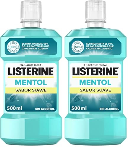 Listerine Enjuague Bucal, Mentol Sabor Suave, Sin Alcohol, Para uso Diario, Aliento Fresco Duradero, 500ml (Paquete de 2)