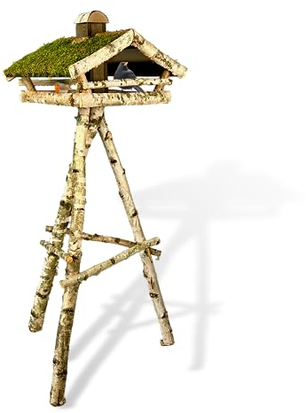 GARTENETAGE Vogelhaus Birke mit Ständer und Moosdach/Vogelhaus mit Ständer wetterfest und stabil/Vogelfutterhaus mit Ständer/Robustes Vogelhäuschen für Ihren Garten