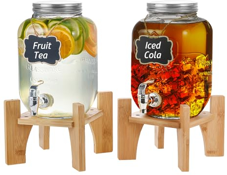 Hisredsun 2 dispenser per bevande da 4 l con supporto, dispenser per bevande in vetro con rubinetto, dispenser per succhi d'acqua in vetro con rubinetto, brocca d'acqua con rubinetto, perfetto per