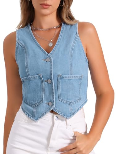 Allegra K Gilet en Jean Y2K Femme à Col en V Veste Sans Manches en Denim Boutonné Haut Court D'Été Blouson Vintage Bleu Clair S