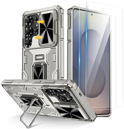 Doeshine for Samsung Galaxy S25 Ultra Case with 2 Pack Screen Protector, 360° Rotate Ring Stand, Slide Camera Cover, Heavy Duty Shockproof Protection Hard Case for Samsung Galaxy S25 Ultra (Titanium)