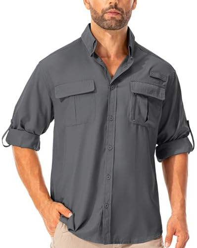Asfixiado Camisa para hombre Safari UPF50+ protección UV, camisa de senderismo de manga larga, camisa funcional para exteriores, transpirable, de secado rápido, informal, con botones, gris oscuro, M