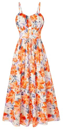 GRACE KARIN Vestido de verano para mujer, línea A, floral, informal, vestido de playa, vestido de tirantes, midi bohemio, vestido informal con bolsillos, Flor Naranja Púrpura, L
