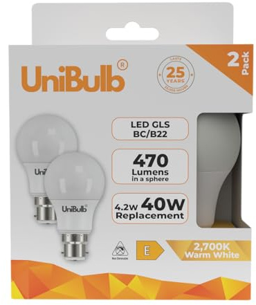 Unibulb BC / B22 / Bayonet 4.2W 470lm LED GLS Light Bulbs, Replaces 40W, Warm White 2700K, Energy Saving Lightbulbs, 180° Wide Beam, Non-dimmable, 25yr Lifespan, Pack of 2