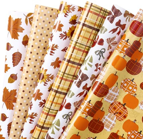 RUSPEPA Hojas De Papel De Regalo De Otoño, Con Diseño De Calabaza, Girasol, Hojas Y Cuadros Para Acción De Gracias, Cumpleaños Y Regalos De Cosecha. 6 Hojas Plegadas, 50 X 70 Cm