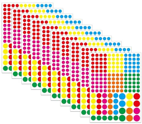 1570 Stück Bunte Selbstklebende Klebepunkte Aufkleber 10mm, 15mm, 20mm Runde Punktaufkleber 6 Farben Kleine Farbkodierung Etiketten Markierungspunkte zum Beschriften