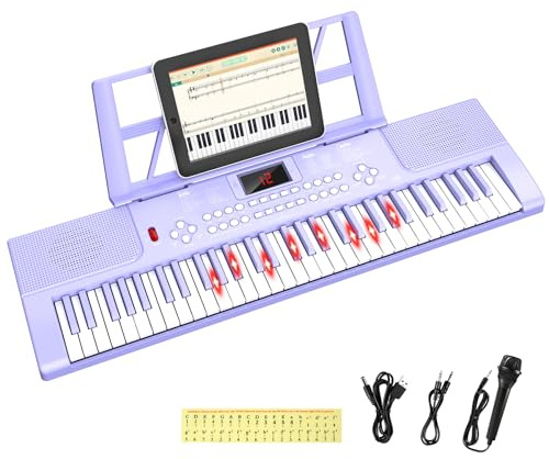 Shayson Piano électronique 61 Touches pour débutants avec Touches Lumineuses et Affichage LED, Double Haut-Parleur intégré, Modes d'apprentissage, pupitre (Violet)