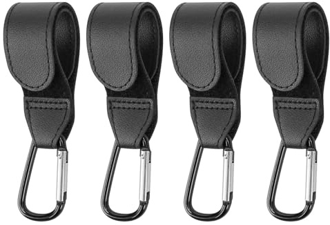4 Pcs PU Leather Adjustable Pram Hooks for Bags, Heavy Duty Universal Stroller Clips for Diaper Bag, Pram Clips with Anti-Slip Design, Pushchair, Shopping Grocery and Backpack (Black)