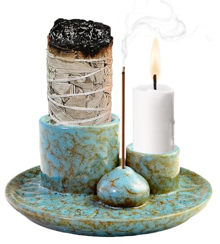 FICOFISE Porte Encens 4 en 1, Support Encens Céramique pour Palo Santo, Sauge Blanche et Bougeoir, Porte-encens et Plateau Collecteur pour la Décoration, Le Yoga et la Méditation (Bleu)