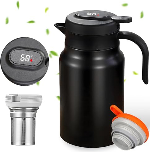 Isolerad flaska, 1,5 l, med tefilter och temperaturdisplay, i rostfritt stål 316, dubbelväggig, väl förseglad, läckagefri, termisk tekan, perfekt för te, kaffe och