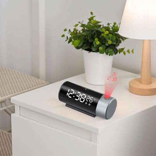 URPIZY Red Line projektionsväckarklocka med LED-temperaturdisplay och digitalt larm – elektronisk vägg-/takprojektion, nattläge, rumstemperatur, USB-drift, svart