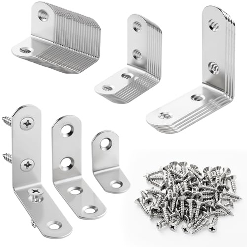 32 Pcs L Brackets for Wood, 3-Size Stainless Steel Angle Bracket Kit | Sturdy Corner Brackets for Wooden Frames, Shelves, Cabinets, Drawers, Wardrobes, Table Leg Repairs & Furniture Reinforcement