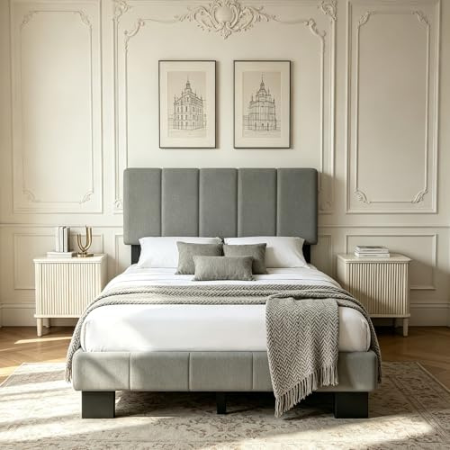 Lit Simple Rembourré 90x200 cm, Cadre de Lit avec Tête de Lit Réglable, Support à Lattes en Bois Solide, Cadre en métal robuste, Facile à Assembler, Structure Silencieuse, Antidérapant, sans Matelas