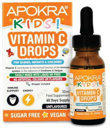Gocce di Vitamina C - Vegane - Fornitura per 60 Giorni - 30mL - Senza Conservanti e Senza Zucchero Vitamina C per Bambini - VIT C 25mg per 0,5mL | APOKRA Kids