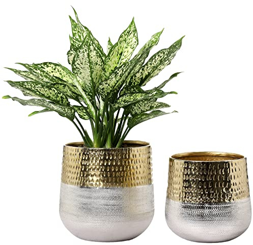 MyGift Round Two-Toned Indoor Planter Pot, Hammered Brass and Milled Embossed Silver Tone Metal Planter Vase, Set of 2 - Handcrafted in India