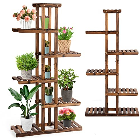 Scaffale Verticale per Piante con 6 Ripiani, Supporto Multifunzionale per Piante, Libri, Decorazioni, Portafiori da Terra in Legno da Esterni e Interni da Balcone, Giardino, 75 x 25 x 140,5 cm