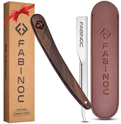 FABINOC® Cut Throat Razor Kit - Professional Barber Straight Razor with Wooden Handle - Single Edge Blade Shaving Razor for Moustache & Beard - Pouch Included - Blades NOT Included (SILVER)