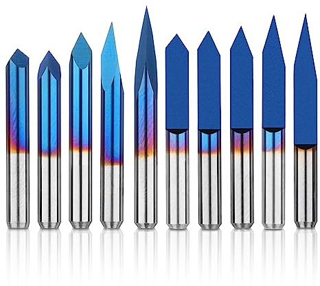 Genmitsu 10 Teiliges CNC-Fräser-Set mit 1/8 Zoll Schaft, flacher V-Bit: 20/30/45/60/90 Grad, dreieckiger V-Bit: 20/30/45/60/90 Grad, 0,1 mm Spitze, konische Nano-Blau-Beschichtung
