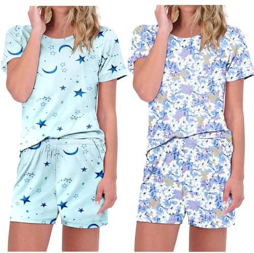 Ekouaer 2 Pack Pajamas Short Sleeve Top with Shorts Sets Comfy Pjs Lounge Sets Sleepwear for Women Blue Star/Floral XXL