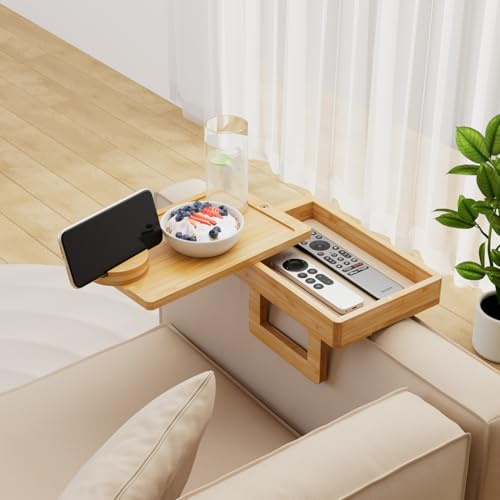 Wealone Mini mesa de sofá para reposabrazos estrecho, bandeja de bambú con almacenamiento, tablero giratorio y soporte para teléfono, clip ajustable para sofá para aperitivos o cenas, reposabrazos ≤