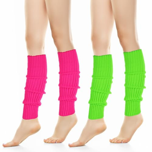 2 Paar Bein Stulpen,Stulpen Neon Rosa Grün Gestrickte Beinwärmer Damen Leuchtende Häkelstulpen Atmungsaktiv Legwarmers für 80er 90er Jahre Kostüme zu Motto Party Karneval Oder Tanzkostüm Einheitsgröße