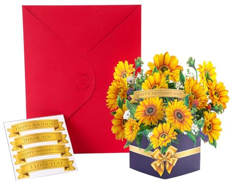 Biglietto Pop-up a Forma di Girasole, Biglietto di Compleanno con Fiori 3D, Biglietti d'auguri con Bouquet di Carta e Busta, Biglietti Pop-up di Ringraziamento, Regalo di Addio per Collega