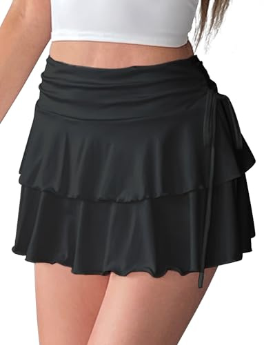 FEOYA Minigonna da donna con volant Y2k una linea a vita alta plissettata skater skort fiocco laterale fluide carino gonne corte casual tennis party club, Nero , XS