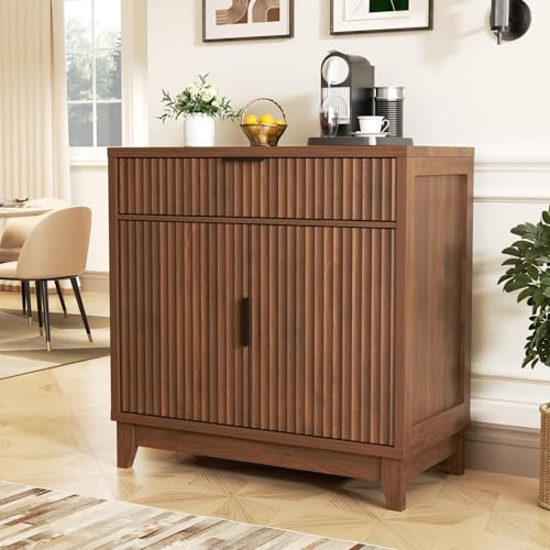 Vabches Fluted Sideboard Buffet Cabinet with Storage, 32 Coffee Bar Console Table with Drawer, Fluted Doors & Adjustable Shelf, Wood Small Buffet Cabinet for Living Room, Kitchen Dining Room, Brown