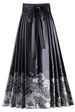 FQLGJMY Donna Cavallo Faccia Gonna Piegato Cravatta A-Linea Lunga Stampa Gonna Tradizionale Cinese Costume Hanfu