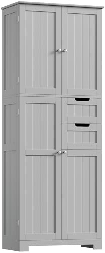 HOCSOK Meuble de Salle de Bain, Meuble de Rangement avec Tiroirs et Armoire avec la Porte, Armoire Haute en Bois pour Salon, Cuisine, 164.5X 60x30cm (Gris)