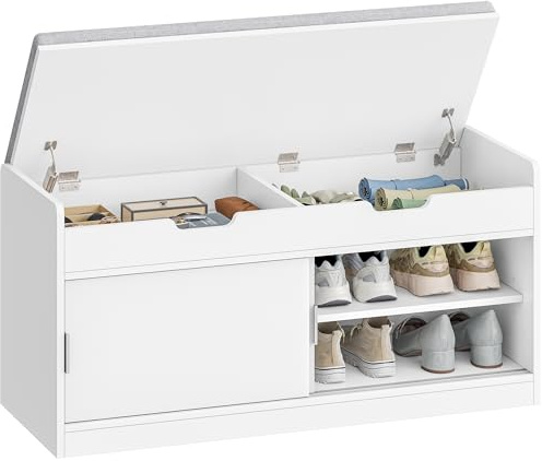 Hzuaneri Banc à Chaussures, Étagère à Chaussures avec Siège, Banc avec Espace de Rangement, Rangement Supérieur, pour Le Salon, Le Hall d'entrée et l'entrée, 40 x 100 x 50,5 cm, Blanc SB57903GY