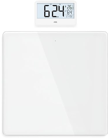 ADE Balance pèse-personne numérique avec écran externe | pour personnes jusqu'à 180kg | poids lisible à hauteur des yeux | balance pour senior | avec horloge, hygromètre, thermomètre intérieur | Blanc