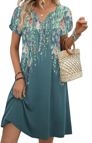 Zeagoo Vestido para Mujer de Verano Manga Corta Escote en V Elegante Falda Midi Informal Corte en A con Bolsillo y Botones Flores Azules S