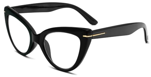 KoKoBin Stora läsglasögon, Cat-Eye-glasögon för kvinnor, med blåljusfilter, moderna och bekväma kattögon, för läsning på dator (svarta, +2.0)